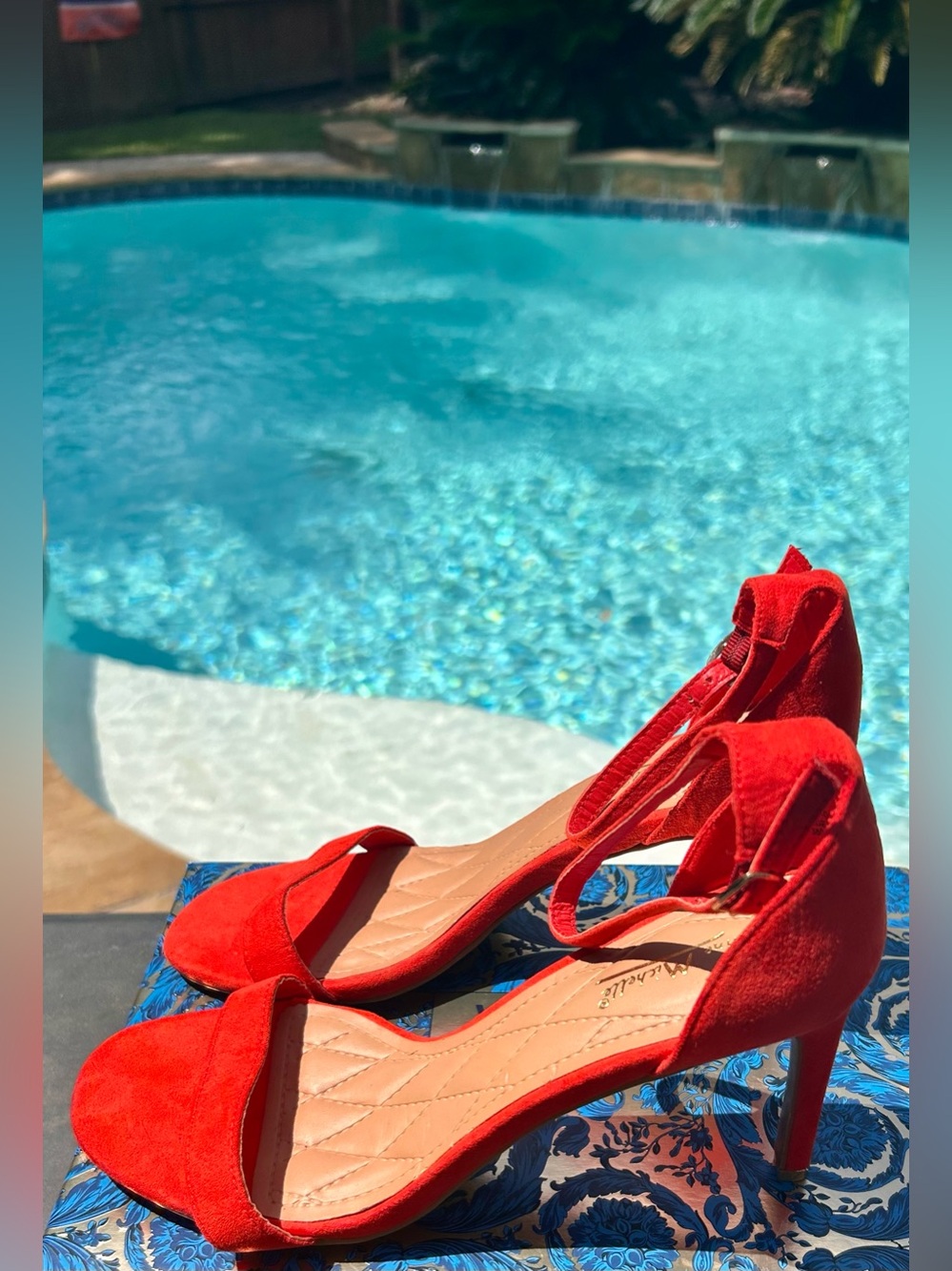 Anne Michelle Red Suede Open-Toe Ankle Strap Heels